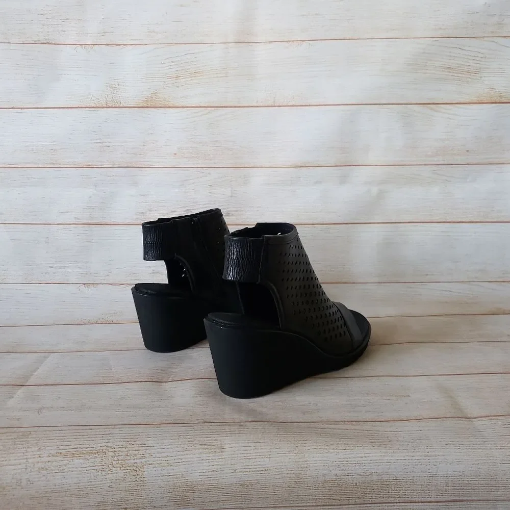 ECCO Freja Wedge Leather Sandal Bootie Ankle Boot Open Toe Laser Cut Black